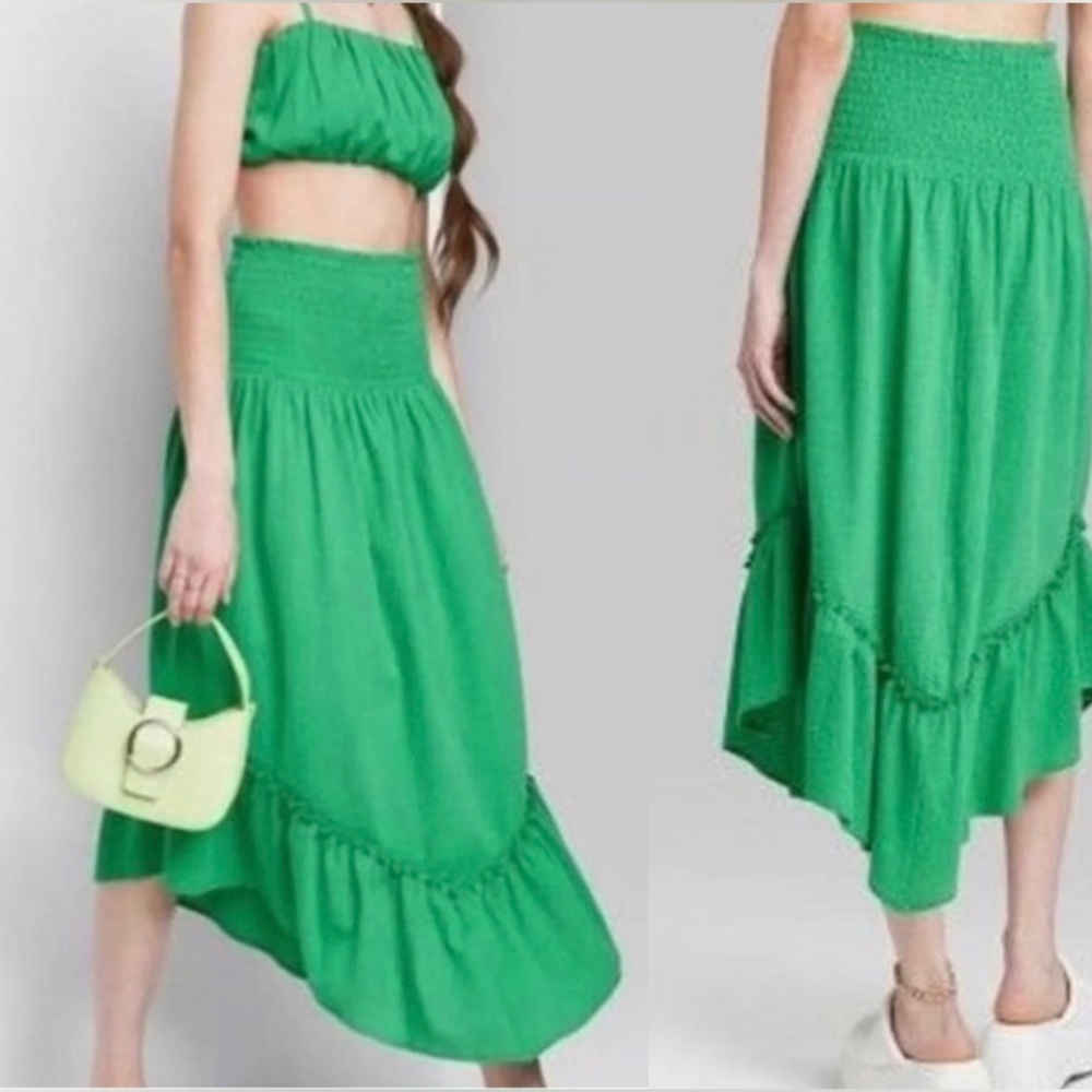 Wild Fable Green Skirt Midi Maxi Tiered Cotton Smocked Women’s size Large